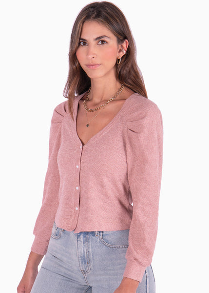 Buzo manga larga con botones de perlas y mangas englobadas color rosado para mujer - Flashy