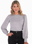 Buzo manga larga con mangas embombadas y perlas en cuello color gris para mujer - Flashy