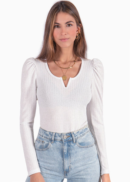 Buzo manga larga, escote en v y recogido en hombros color blanco, marfil para mujer - Flashy