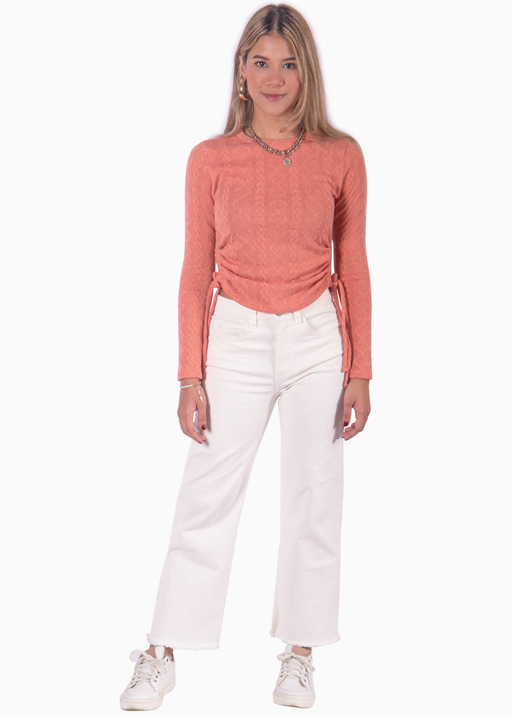 Buzo manga larga tejido con recogido en laterales color coral para mujer - Flashy