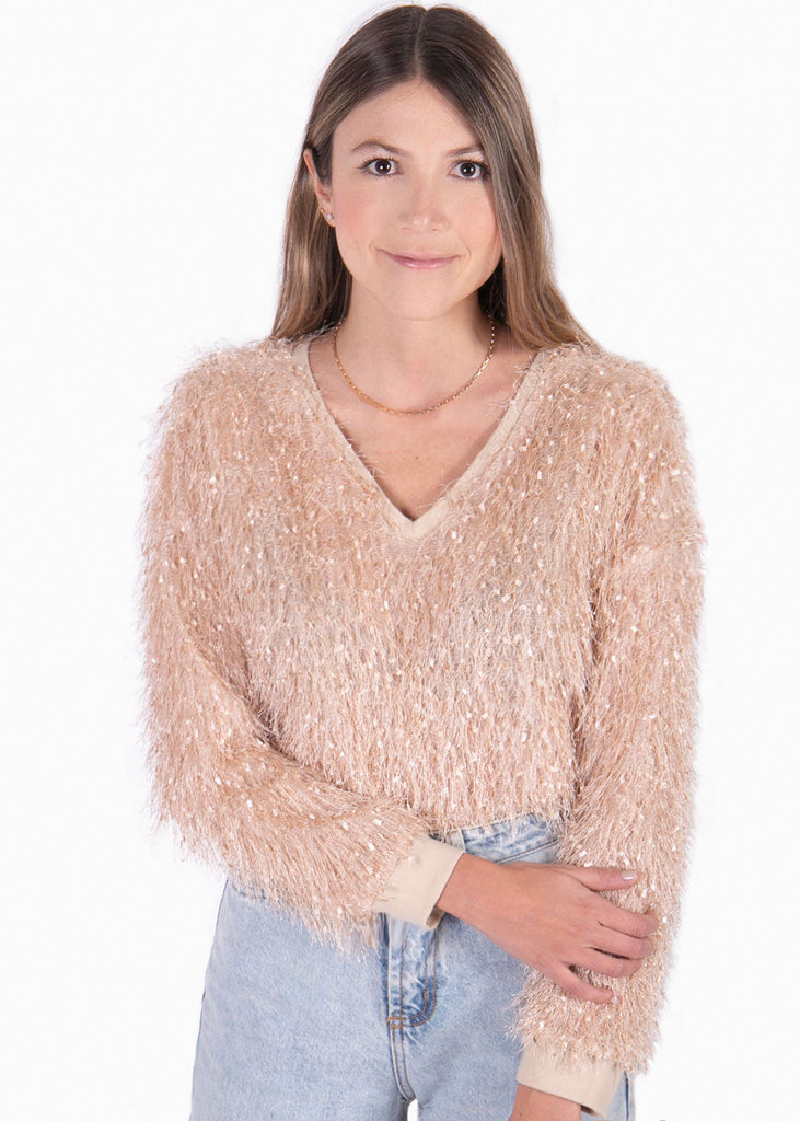 Buzo cuello en v en tela de pelo sintético color beige para mujer - Flashy