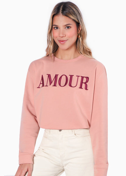 Buzo con bordado "Amour" color rosado para mujer - Flashy