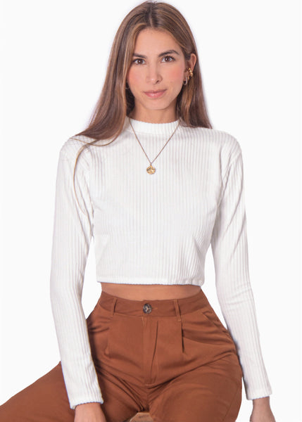Buzo corto manga larga con cuello alto color blanco, marfil para mujer - Flashy