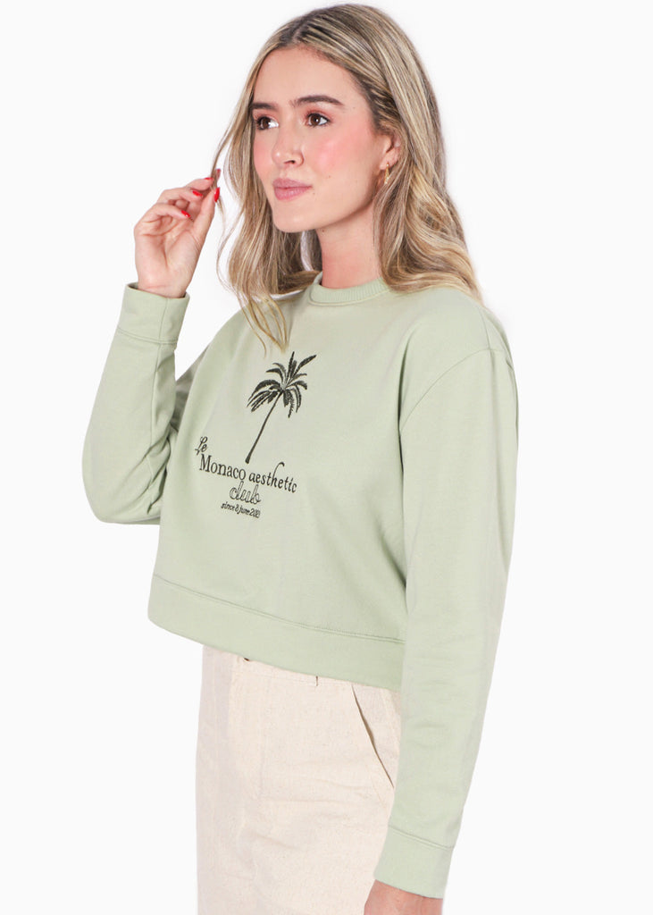 Buzo crop con bordado "Le Mónaco aesthetic" color verde para mujer - Flashy