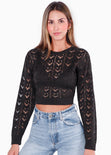 Buzo crop tejido desagujado con anudado en espalda color negro para mujer - Flashy