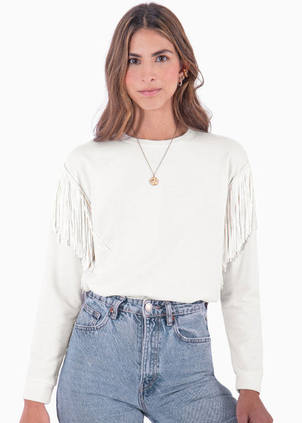 Buzo cuello redondo con flecos en mangas color marfil, blanco para mujer - Flashy