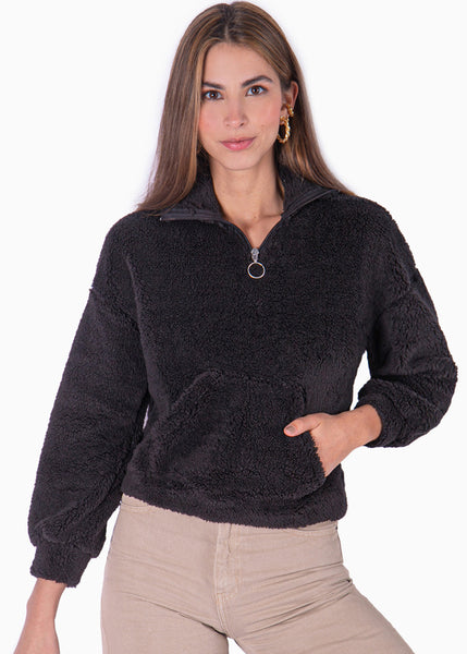 Buzo de pelo sintético con bolsillo en frente color negro para mujer - Flashy
