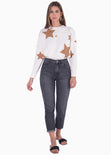 Buzo gráfico con estrellas en estampado de animal print color camel, blanco, marfil para mujer - Flashy