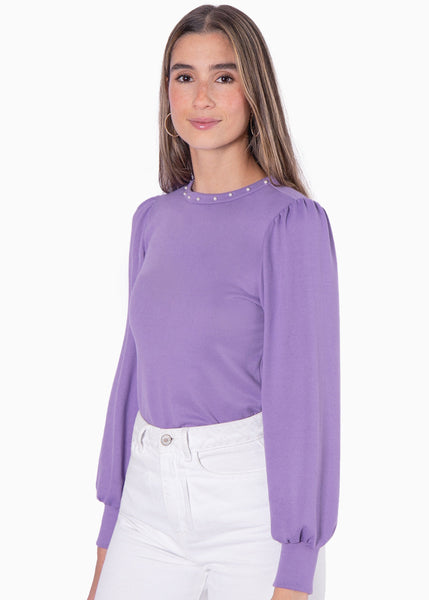 Buzo manga larga con mangas embombadas y perlas en cuello color lila para mujer - Flashy