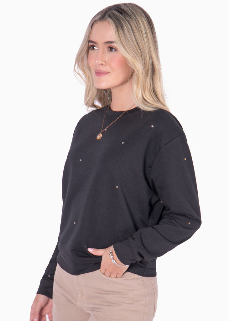 Buzo manga larga con perlas plateadas color negro para mujer - Flashy