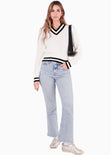 Buzo tejido con escote en v y con puños y escote en contraste color blanco, marfil para mujer - Flashy