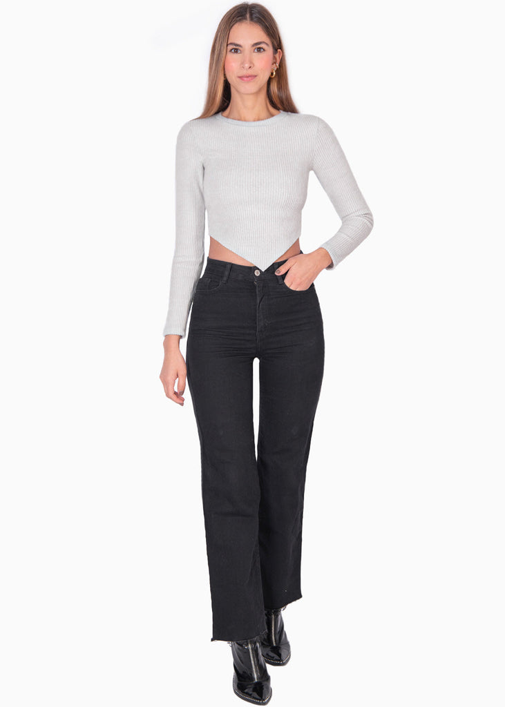 Buzo tejido con ruedo en v color gris para mujer - Flashy