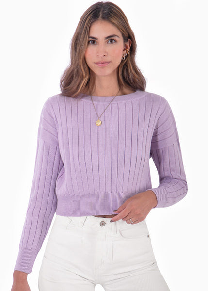 Buzo tejido manga larga con cuello redondo color lila para mujer - Flashy