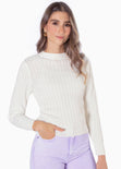 Buzo tejido manga larga con trenzado color marfil para mujer - Flashy