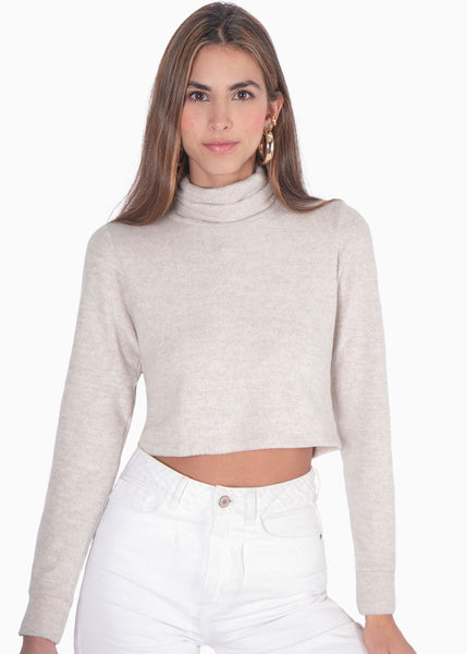 Buzo tejido manga larga cuello tortuga color beige para mujer - Flashy