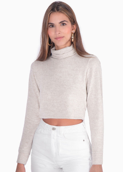 Buzo tejido manga larga cuello tortuga color beige para mujer - Flashy