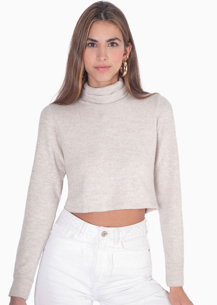 Buzo tejido manga larga cuello tortuga color beige para mujer - Flashy