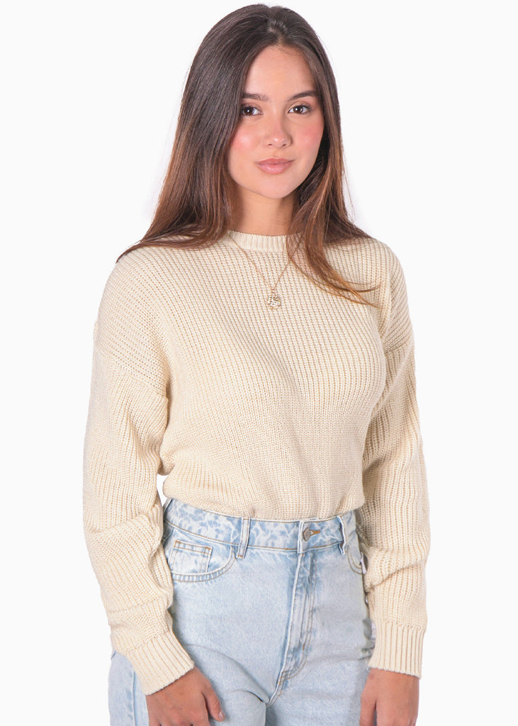 Buzo tejido manga larga color beige, marfil para mujer - Flashy