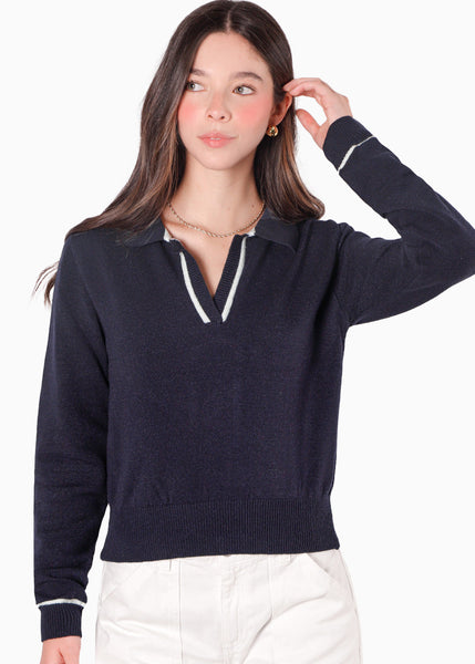 Buzo tejido tipo polo con cuello y puños en contraste color azul para mujer - Flashy
