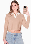 Buzo tipo polo con cuello en contraste color blanco, marfil para mujer - Flashy