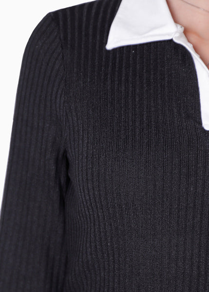 Buzo tipo polo con cuello en contraste color negro para mujer - Flashy