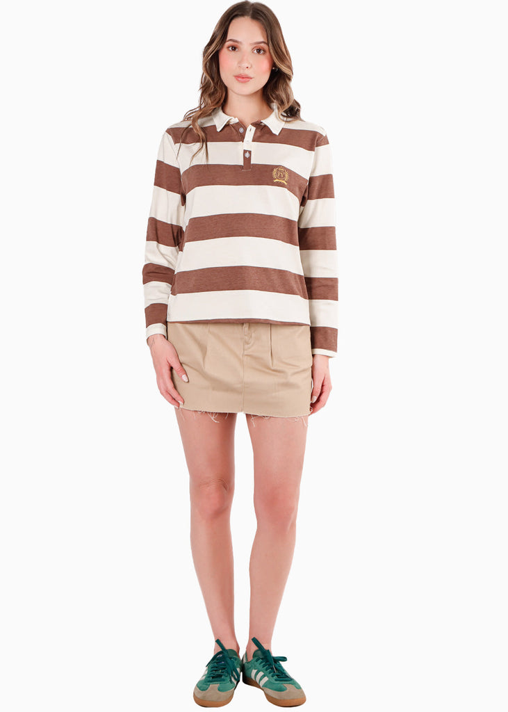 Buzo tipo polo con estampado de rayas color café para mujer - Flashy