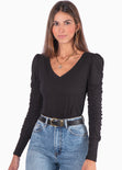 Camibuso manga larga, escote en v y recogido en hombros color negro para mujer - Flashy