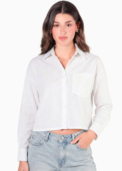Camisa corta manga larga de cuello y perilla bordado en bolsillo - COLORADO