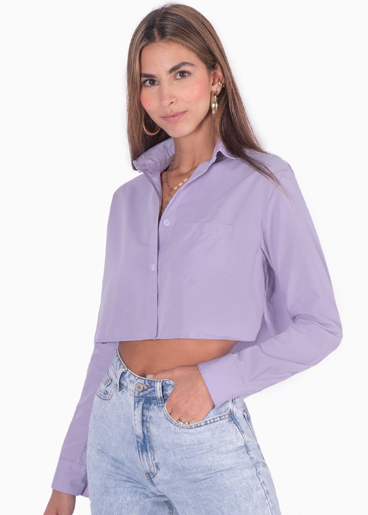 Camisa crop manga larga con botones color lila para mujer - Flashy