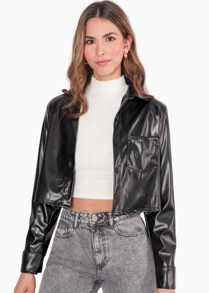 Camisa crop manga larga con botones y efecto cuero color negro para mujer - Flashy