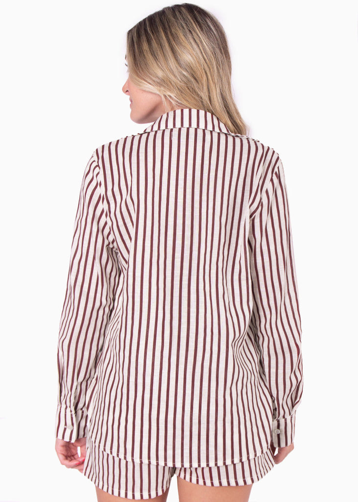 Camisa de botones manga larga con rayas color beige para mujer - Flashy