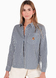 Camisa estampada de rayas con bordados en bolsillo color azul para mujer - Flashy