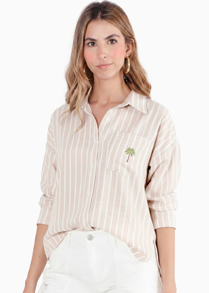 Camisa manga larga de rayas con cuello y perilla bordado en bolsillo - MELON
