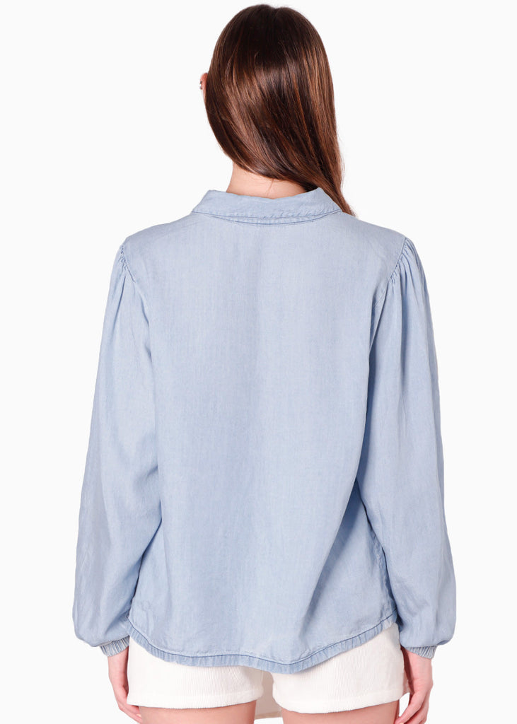 Camisa manga larga y efecto drapeado color azul para mujer - Flashy