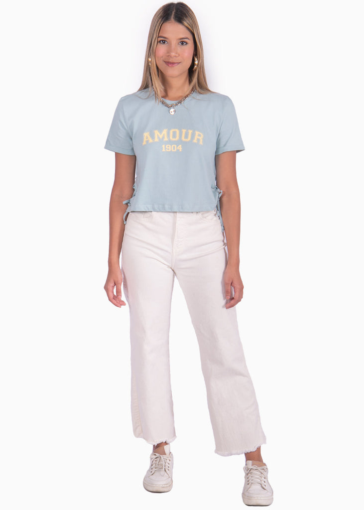 Camiseta corta con ojaletes en costados color azul para mujer - Flashy