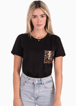 Camiseta con bolsillo de lentejuelas color negro para mujer - Flashy