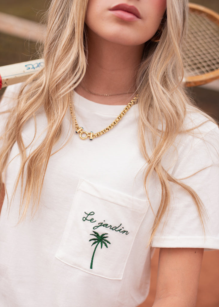 Camiseta con bolsillo y bordado color marfil para mujer - Flashy