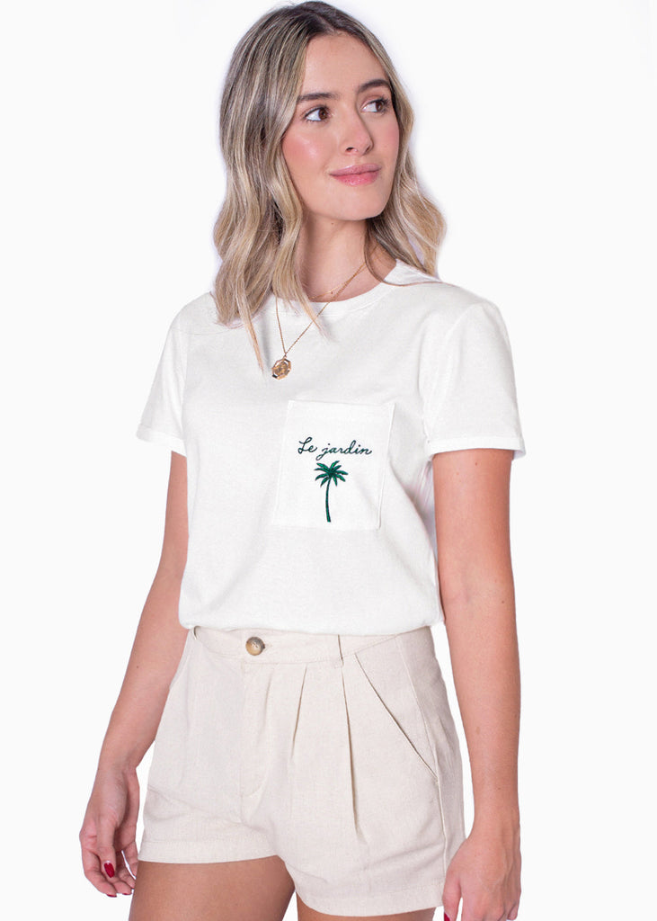 Camiseta con bolsillo y bordado color marfil para mujer - Flashy