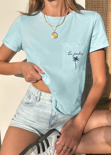 Camiseta con bolsillo y bordado color azul para mujer - Flashy