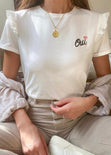 Camiseta con bordado "Oui" y boleros en mangas color blanco, marfil para mujer - Flashy
