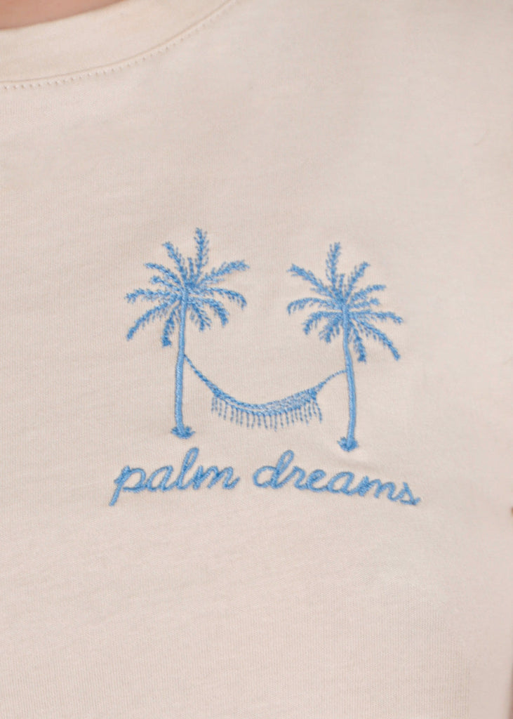 Camiseta con bordado "Palm Dreams" color beige para mujer - Flashy