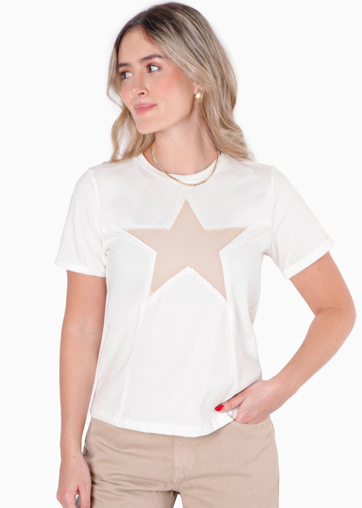 Camiseta con detalle de estrella en rib color blanco, marfil para mujer - Flashy