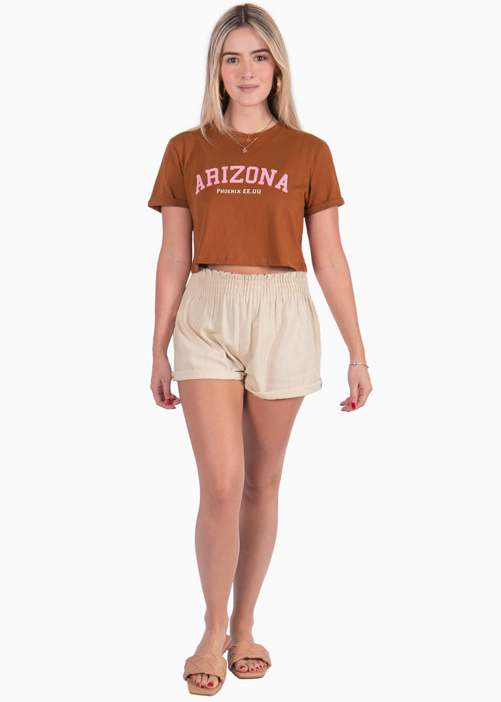 Camiseta con estampado "Arizona" color café, camel para mujer - Flashy