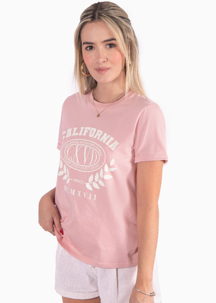 Camiseta con estampado "California" color rosado para mujer - Flashy