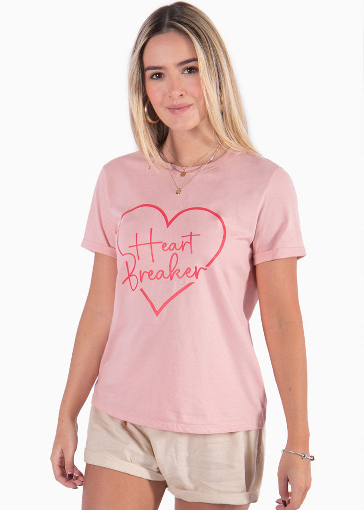 Camiseta con estampado de corazón "Heart breaker" color rosado para mujer - Flashy