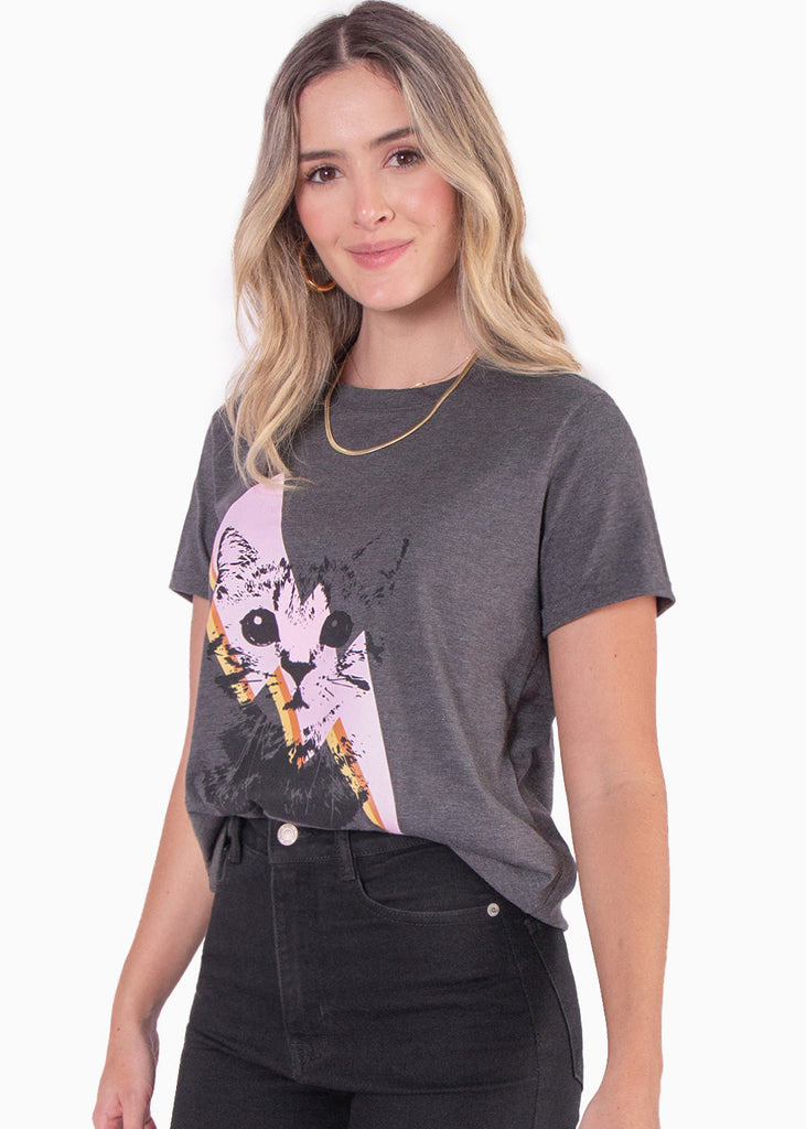 Camiseta con estampado de gato color gris para mujer - Flashy