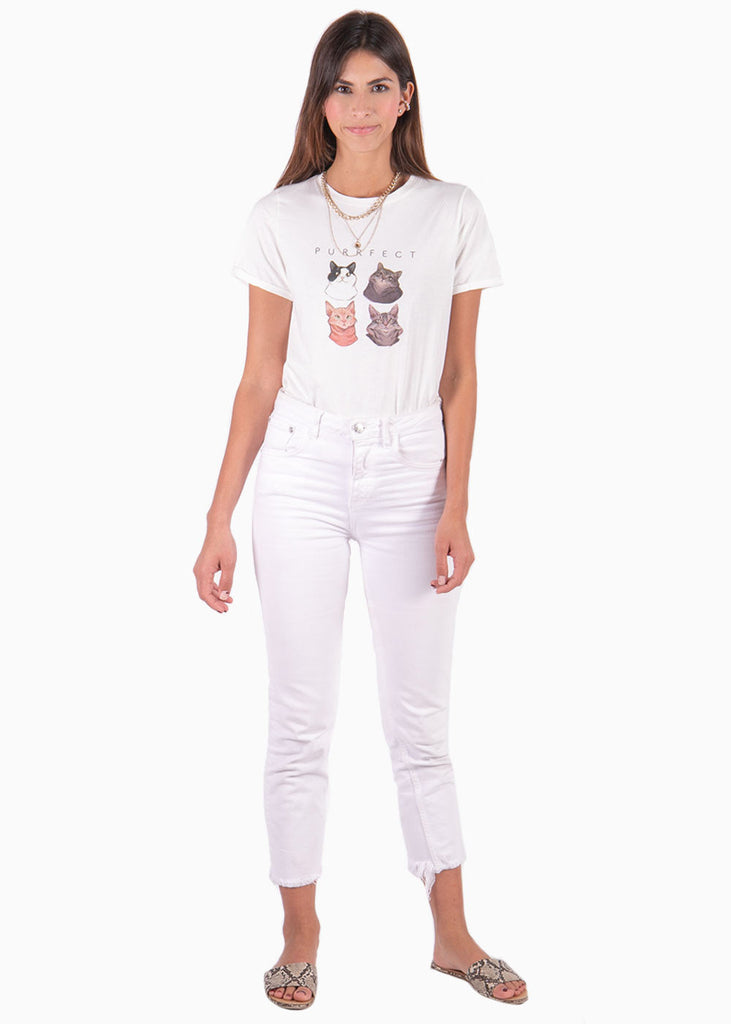 Camiseta con estampado de gatos "Purrfect" color marfil para mujer - Flashy