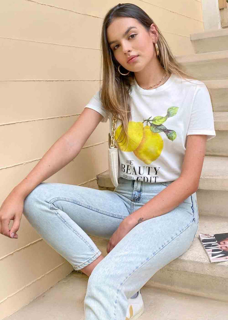 Camiseta con estampado de limones color blanco para mujer - Flashy