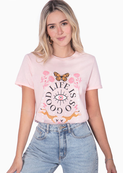 Camiseta con estampado "Life is so good" color rosado para mujer - Flashy