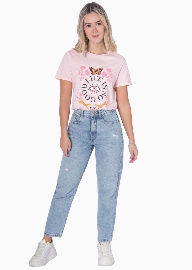Camiseta con estampado "Life is so good" color rosado para mujer - Flashy